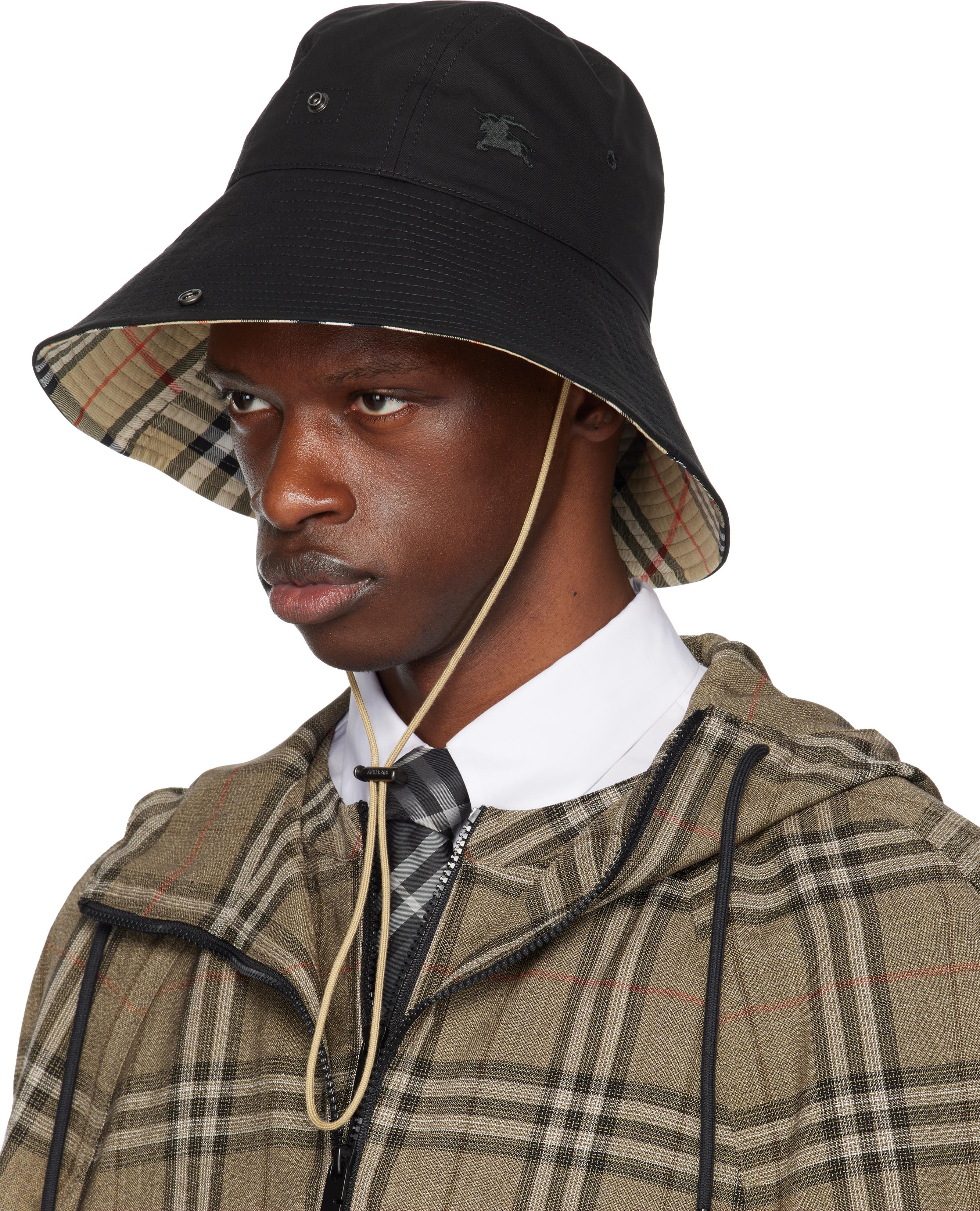 ★Burberry★ Black チェック柄 ギャバジンハット メンズ Burberry ブラック チェックブリム ギャバジン バケット