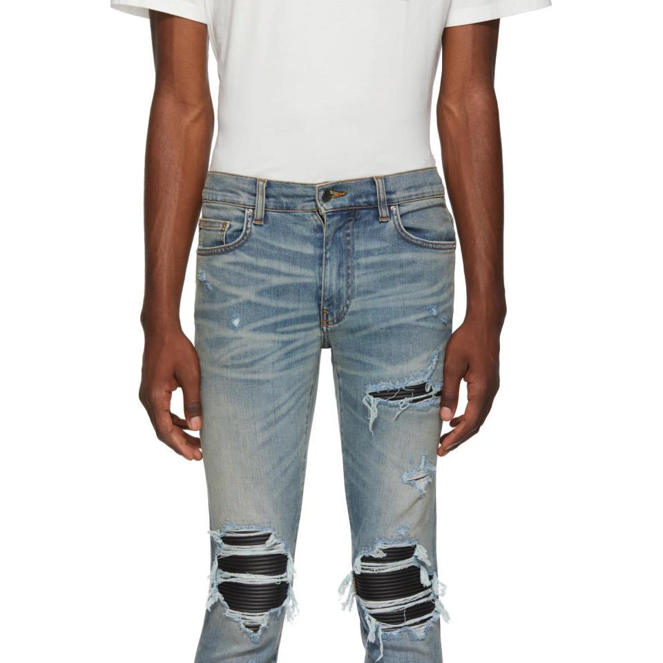 Amiri Denim Blue And Black Leather Patch Mx-1 Jeans for Men - Lyst