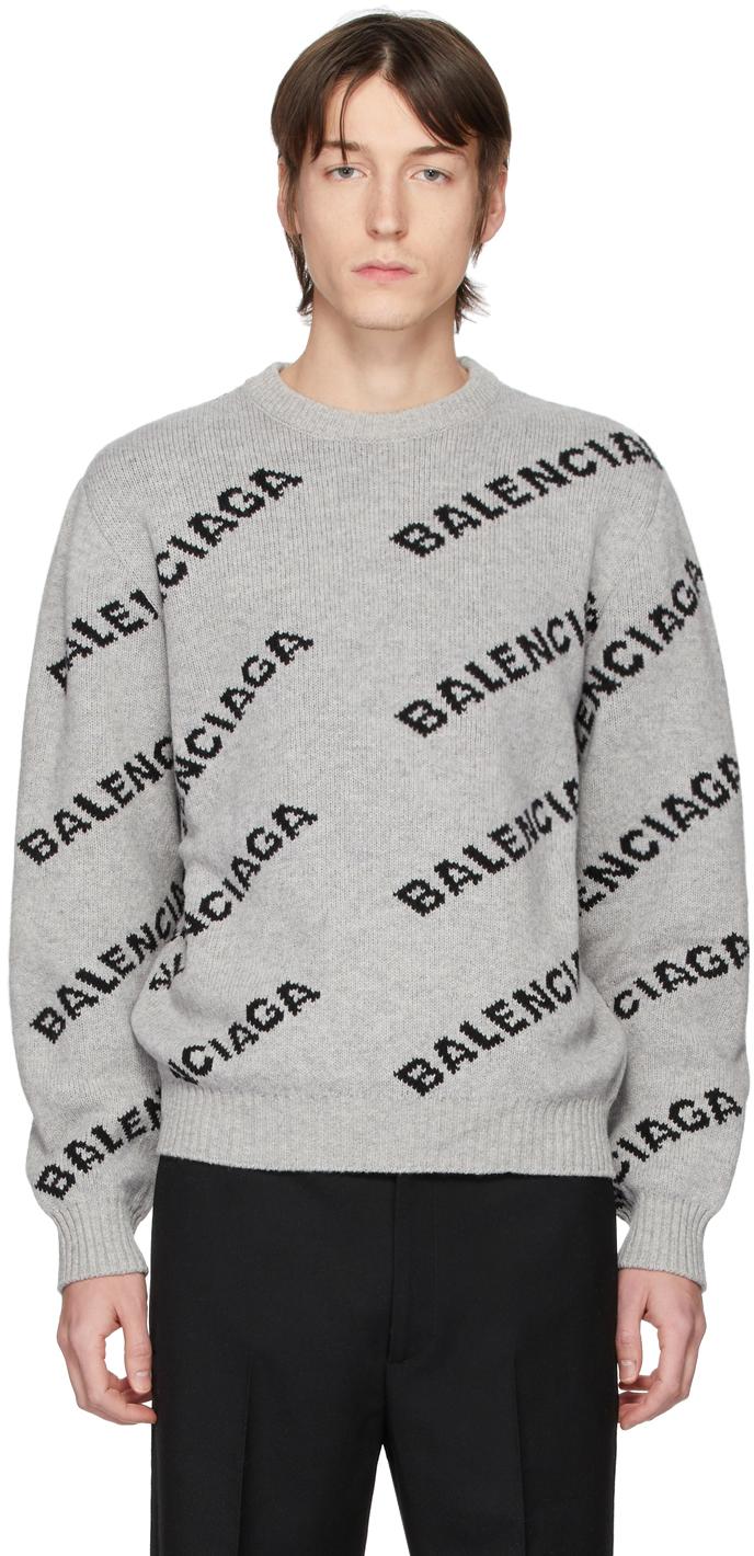 Balenciaga Wool Grey All Over Logo Sweater in Gray for Men - Lyst