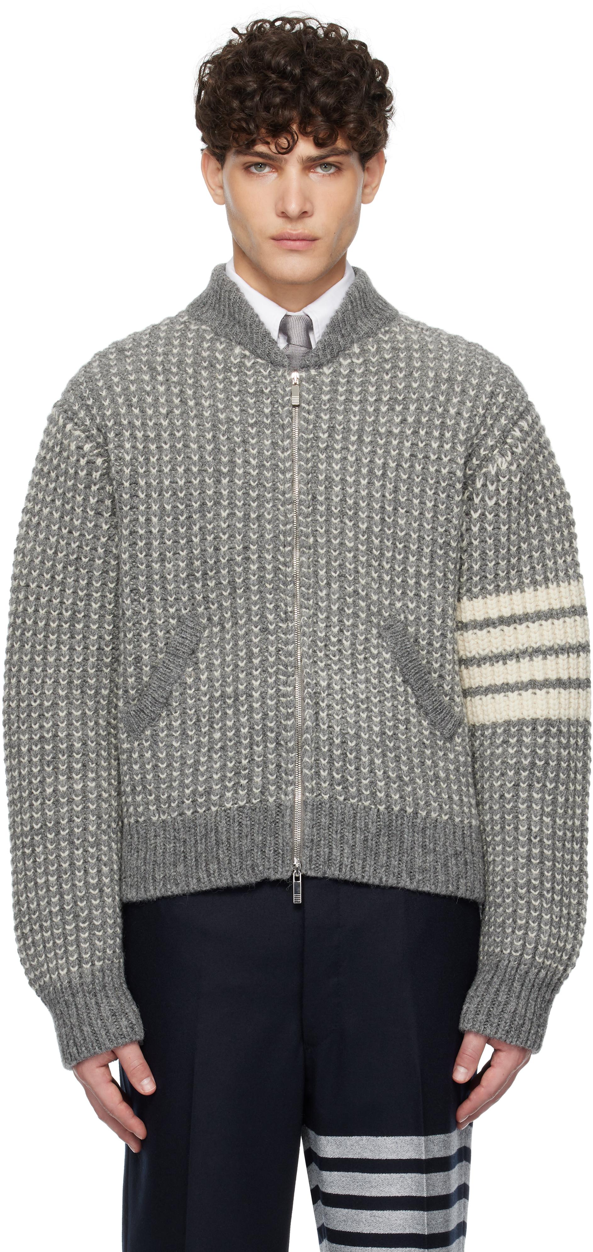 Thom Browne メンズ グレー 4-Bar アイリッシュウール ボンバー 