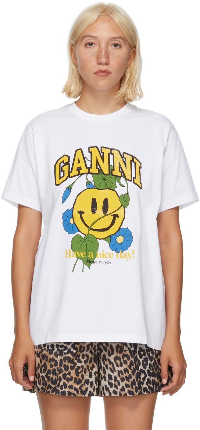Ganni E Smiley Flower T-shirt in White | Lyst