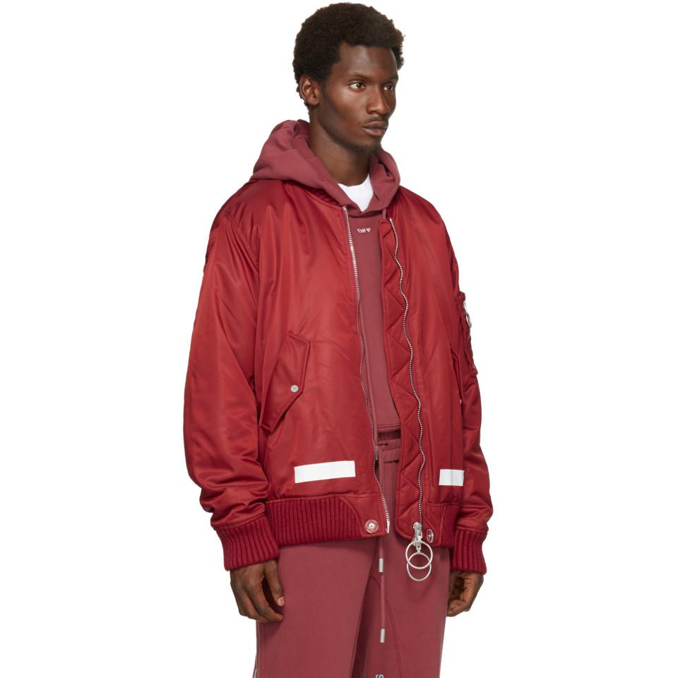 red and white bomber jacket