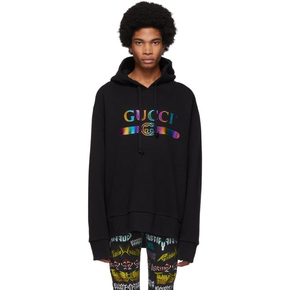 mørk afhængige Sodavand Gucci Black Rainbow Logo Hoodie for Men - Lyst