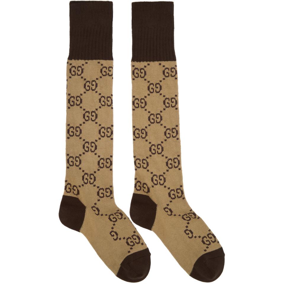 Gucci Cotton Beige & Brown Long Gg Socks in Natural for Men - Lyst