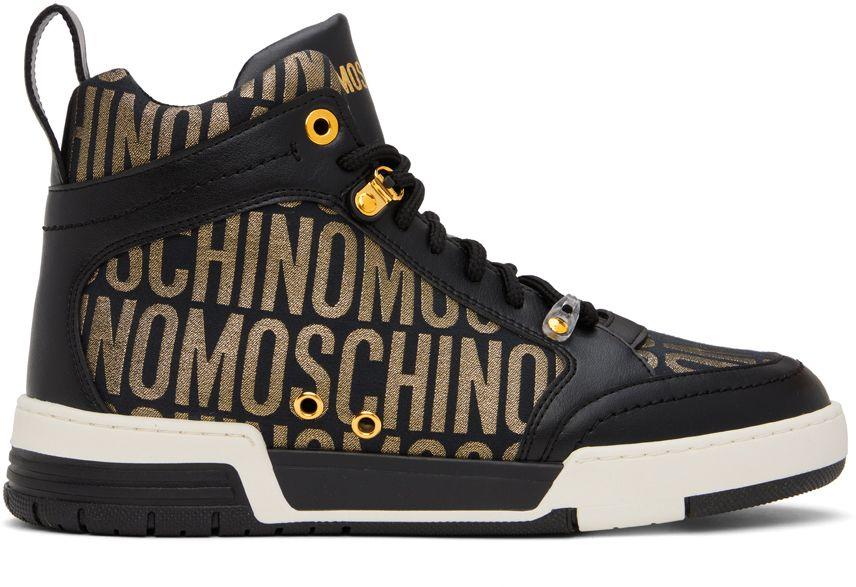 Moschino Black & Gold Allover Logo Sneakers for Men | Lyst