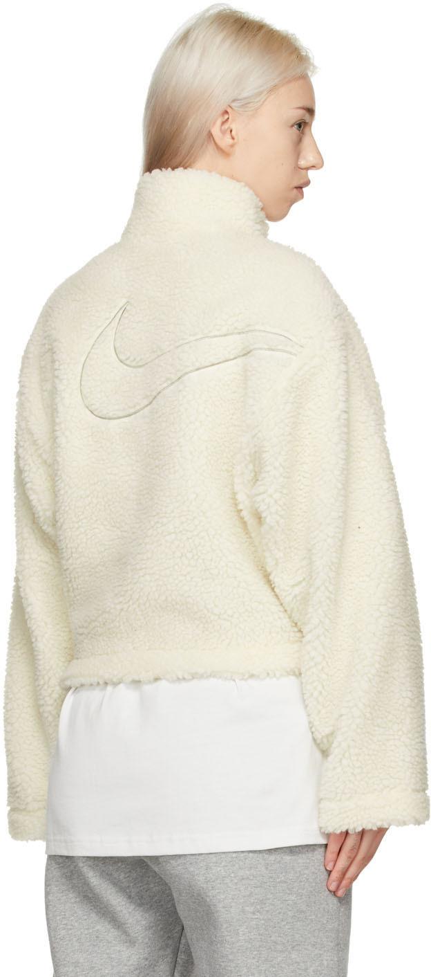 Nike Satin Off-white Sherpa Swoosh Jacket in Natural | Lyst