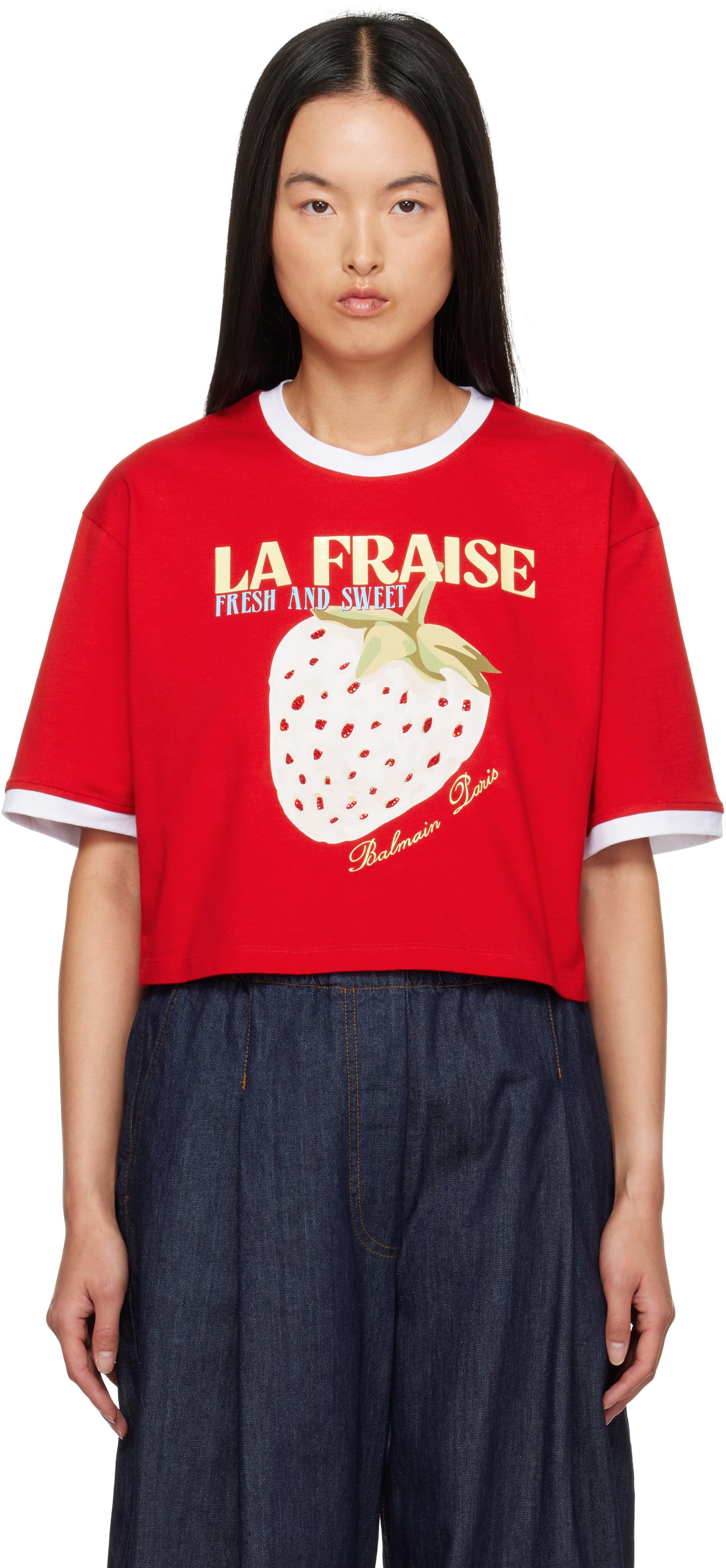 Balmain レディース レッド Strawberry クロップド プリントtシャツ 