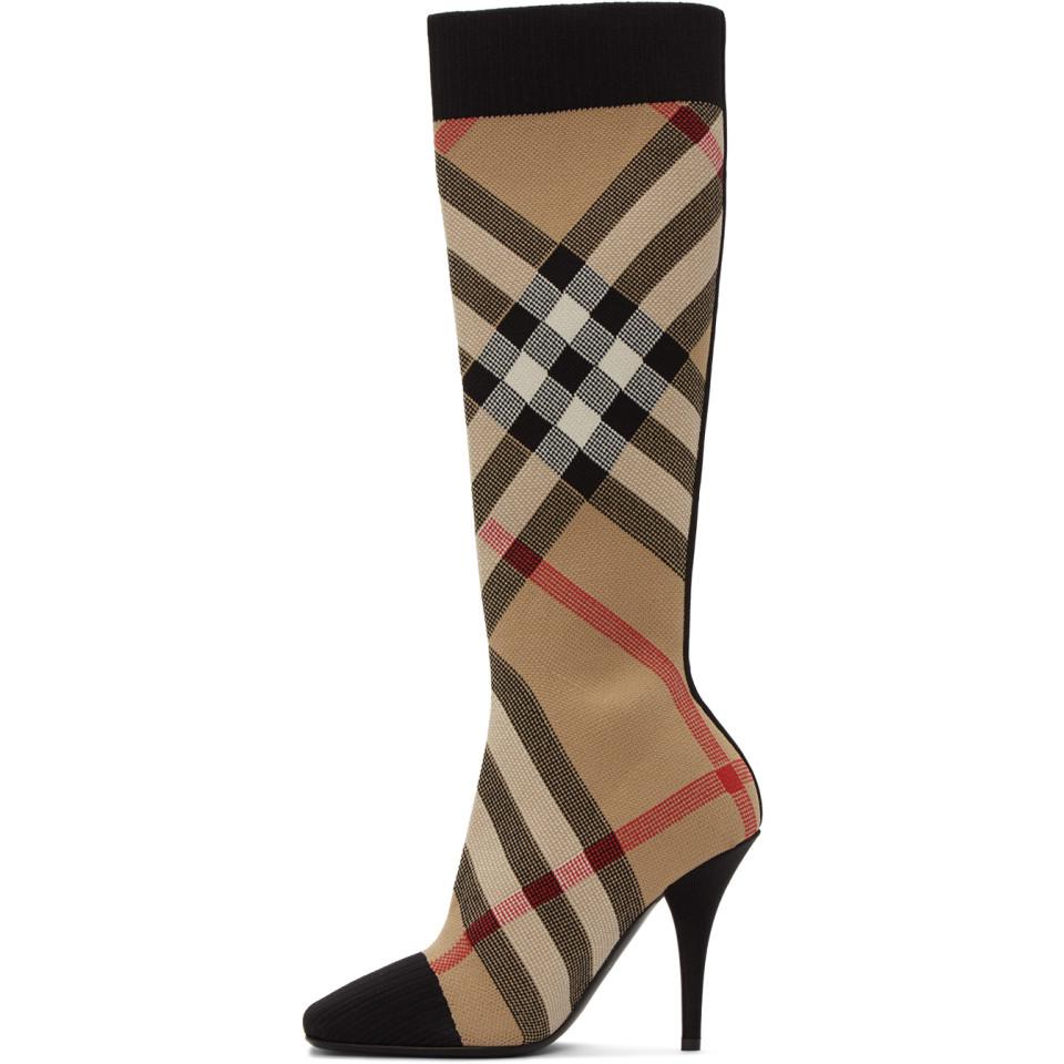 Burberry Beige Check Stretch Knit Sock Boots in Natural | Lyst