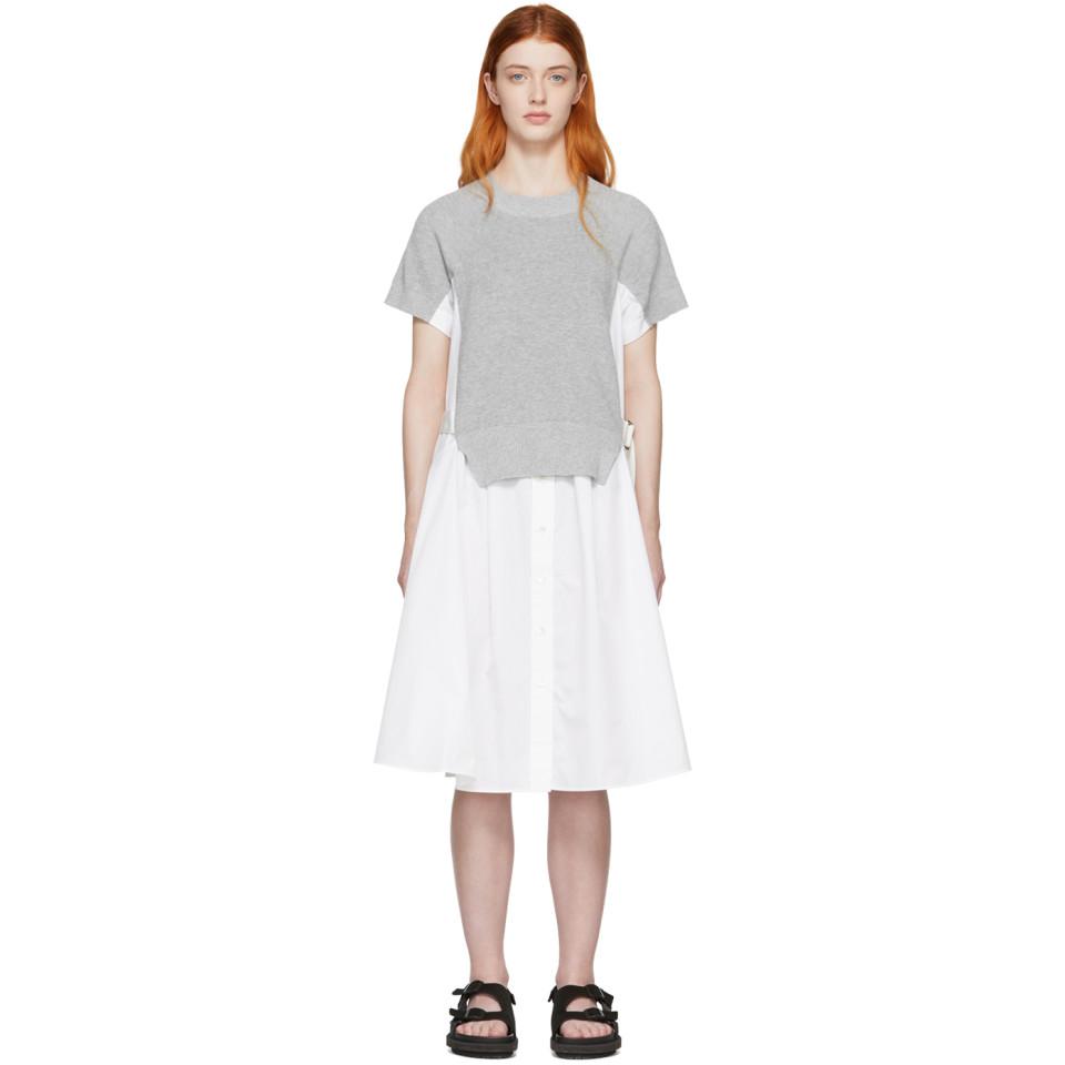 Sacai White And Grey Knit Panel Dress in Gray | Lyst