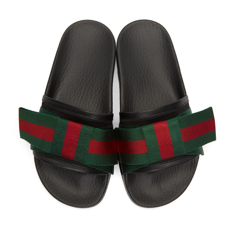 Gucci Leather Black Bow Pool Slides - Lyst