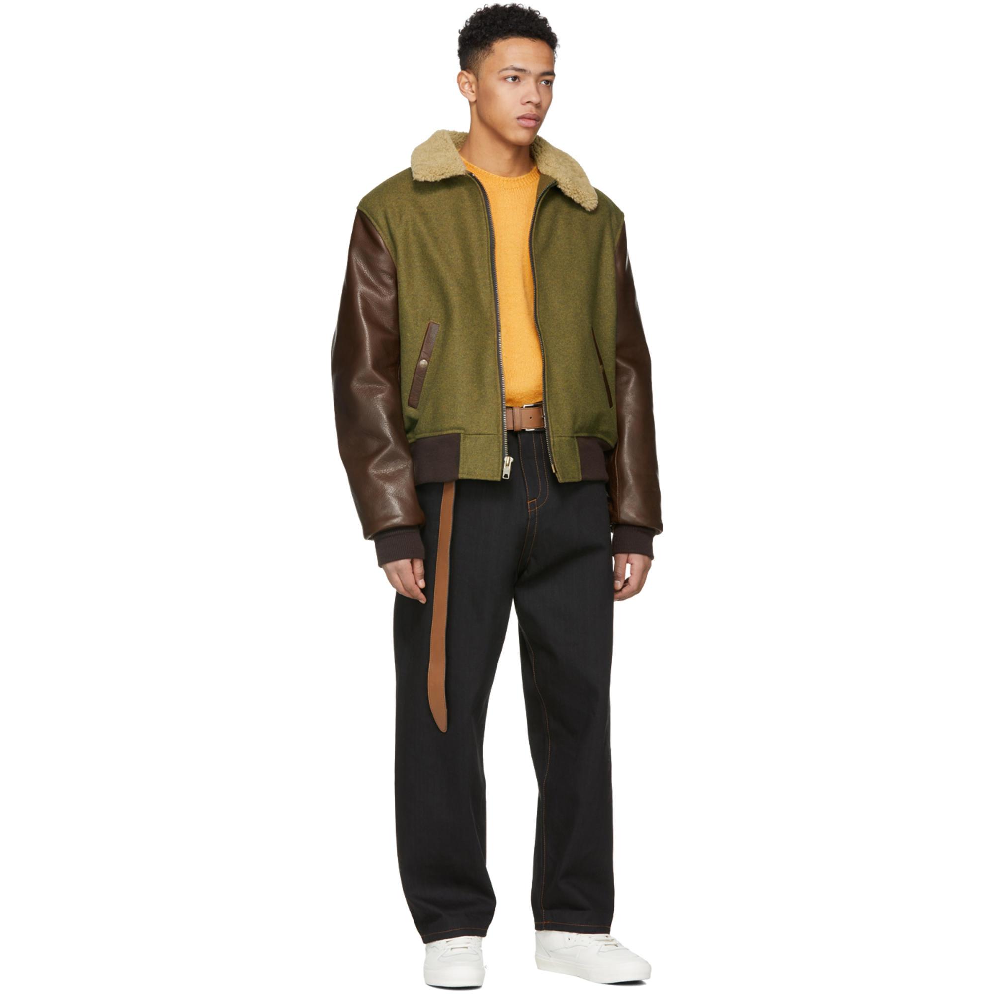 Schott Nyc Green And Brown Wool Leather Jacket For Men