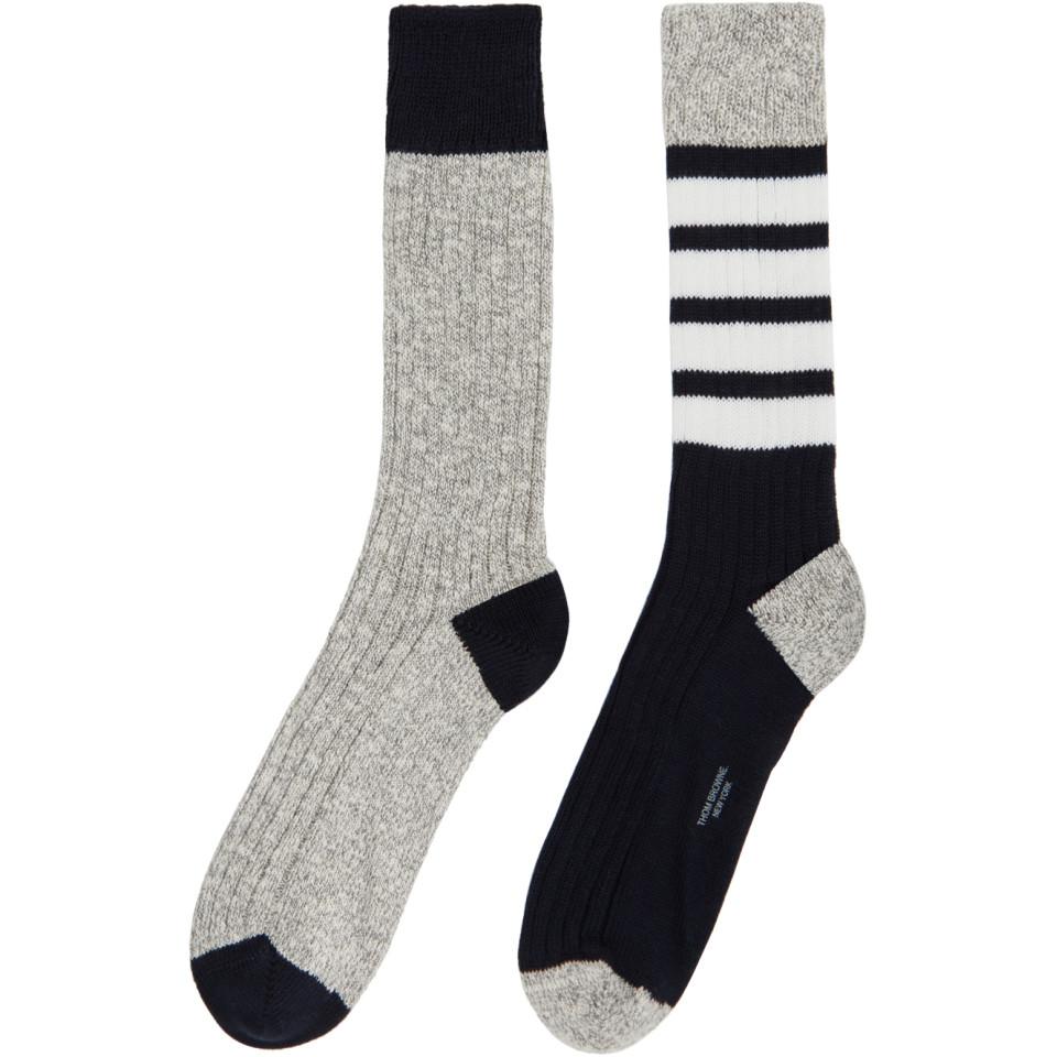 Thom Browne Cotton Navy And Grey Chunky Rib 4-bar Mid-calf Socks in ...