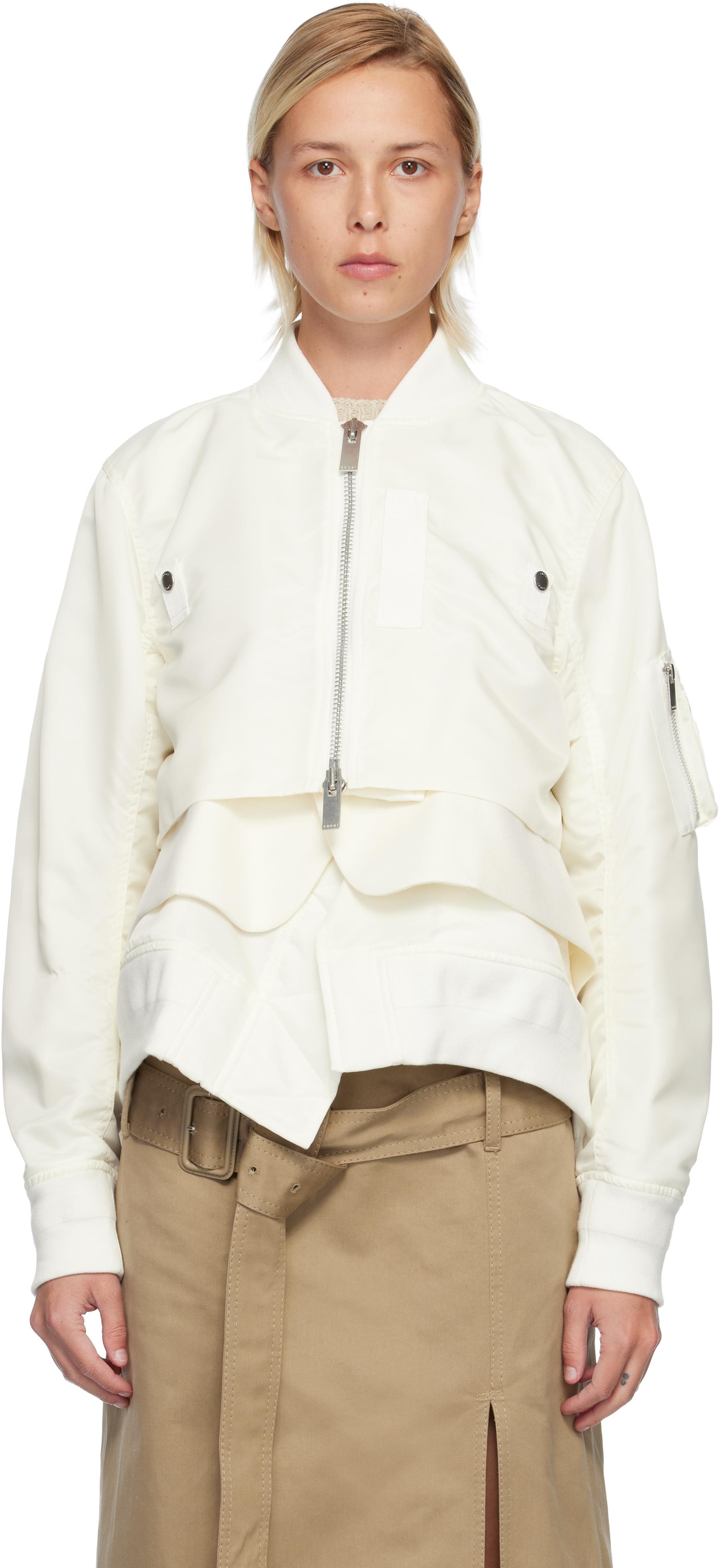 Sacai Off- Nylon Twill & Wool Melton Blouson Jacket in White