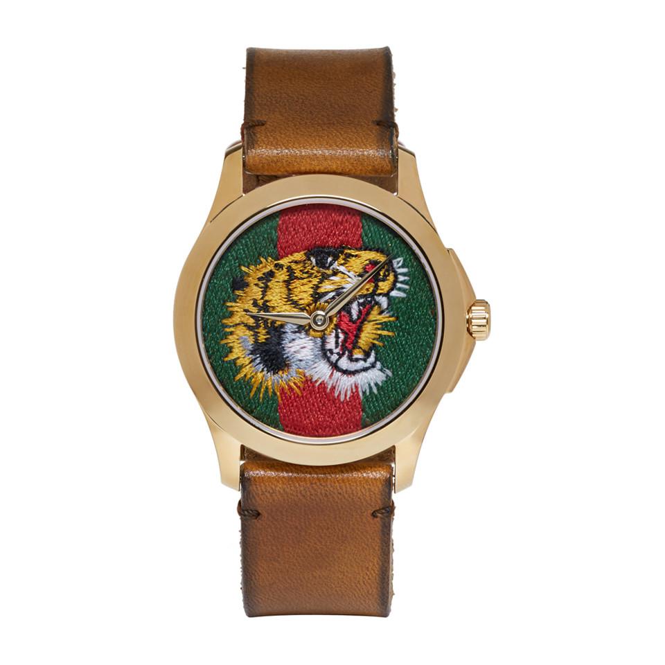 Gucci Leather Gold And Brown Tiger 
