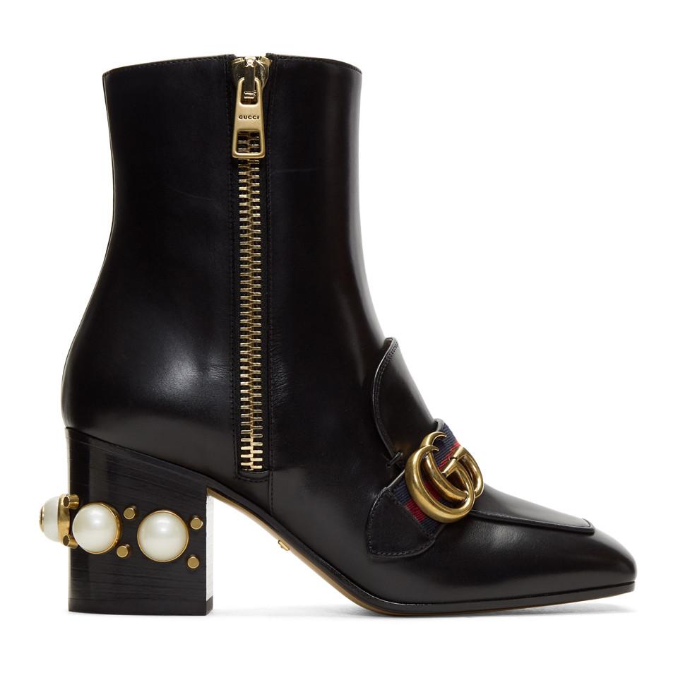 Gucci Leather Black Pearl & Stud Peyton Boots | Lyst
