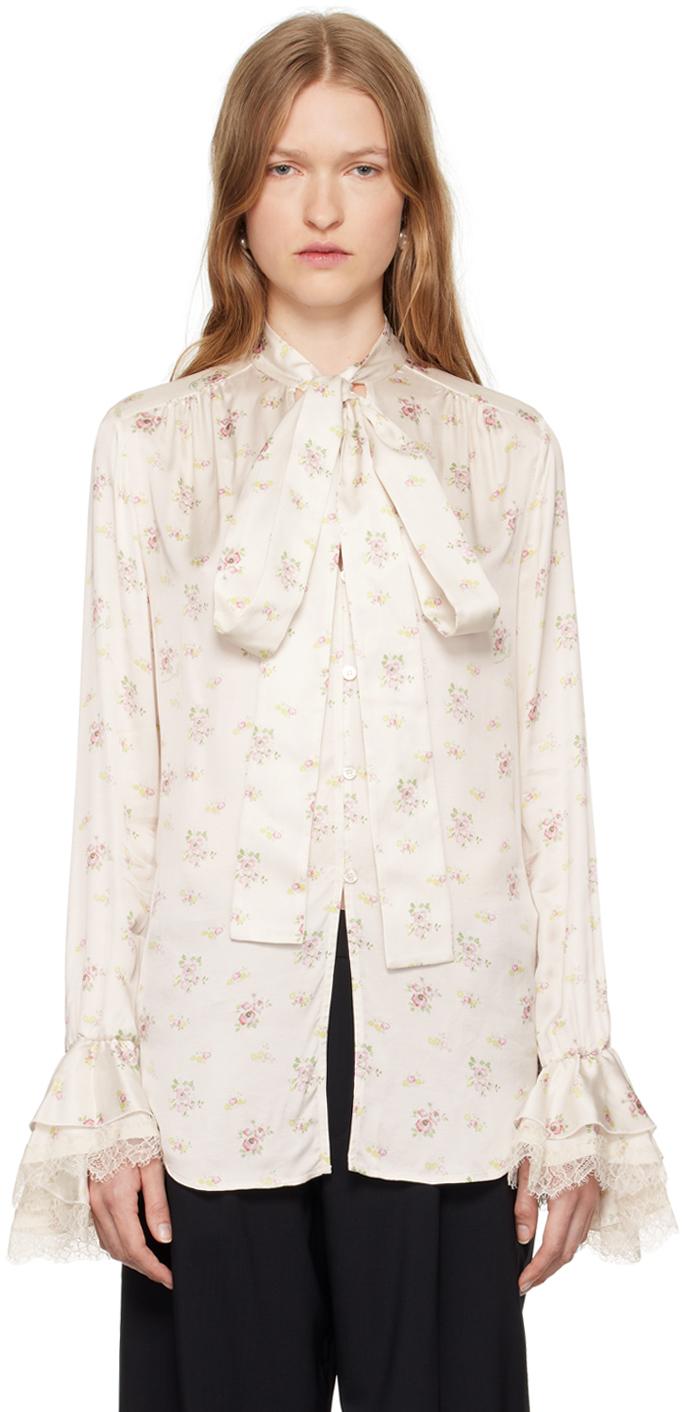 Blumarine レディース オフホワイト フローラルプリント サテン シャツ 
