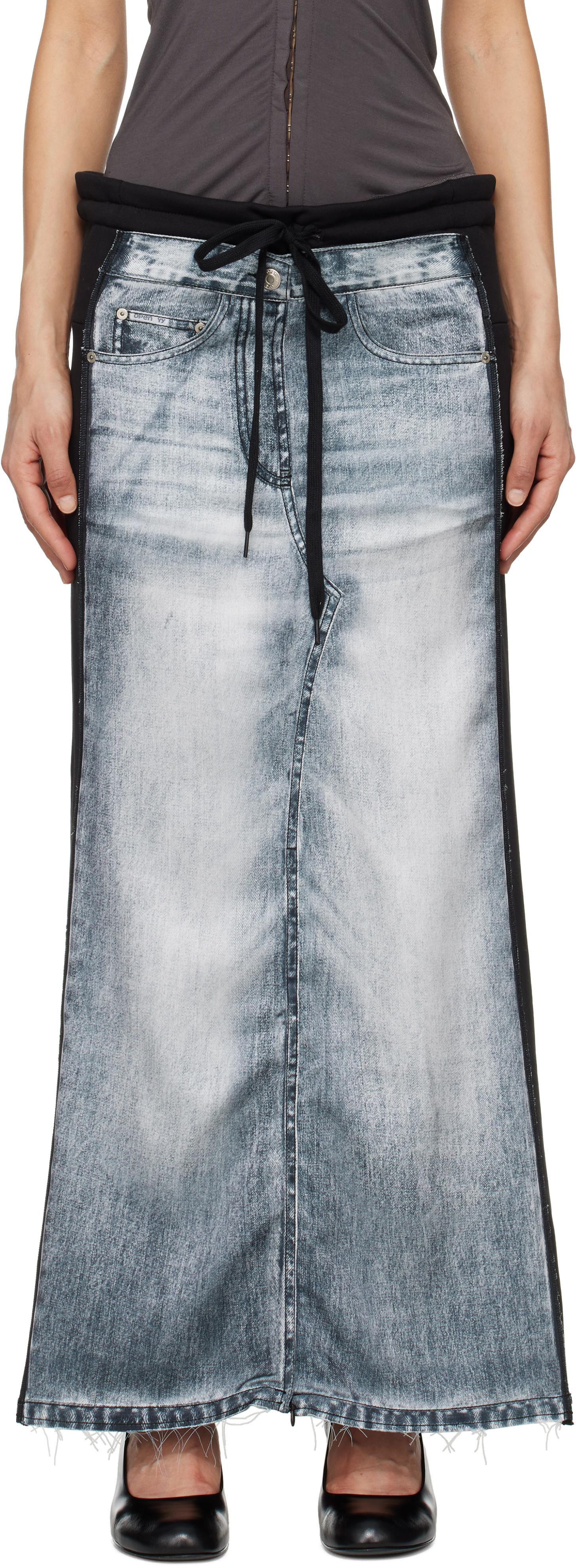 OPEN YY Front Jean Effect Jersey Maxi Skirt in Black | Lyst UK