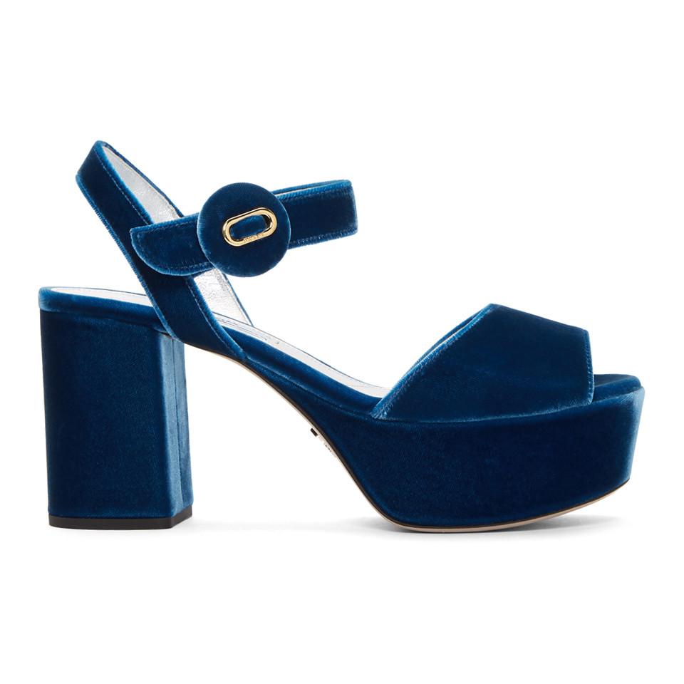 Prada Blue Velvet Platform Sandals | Lyst