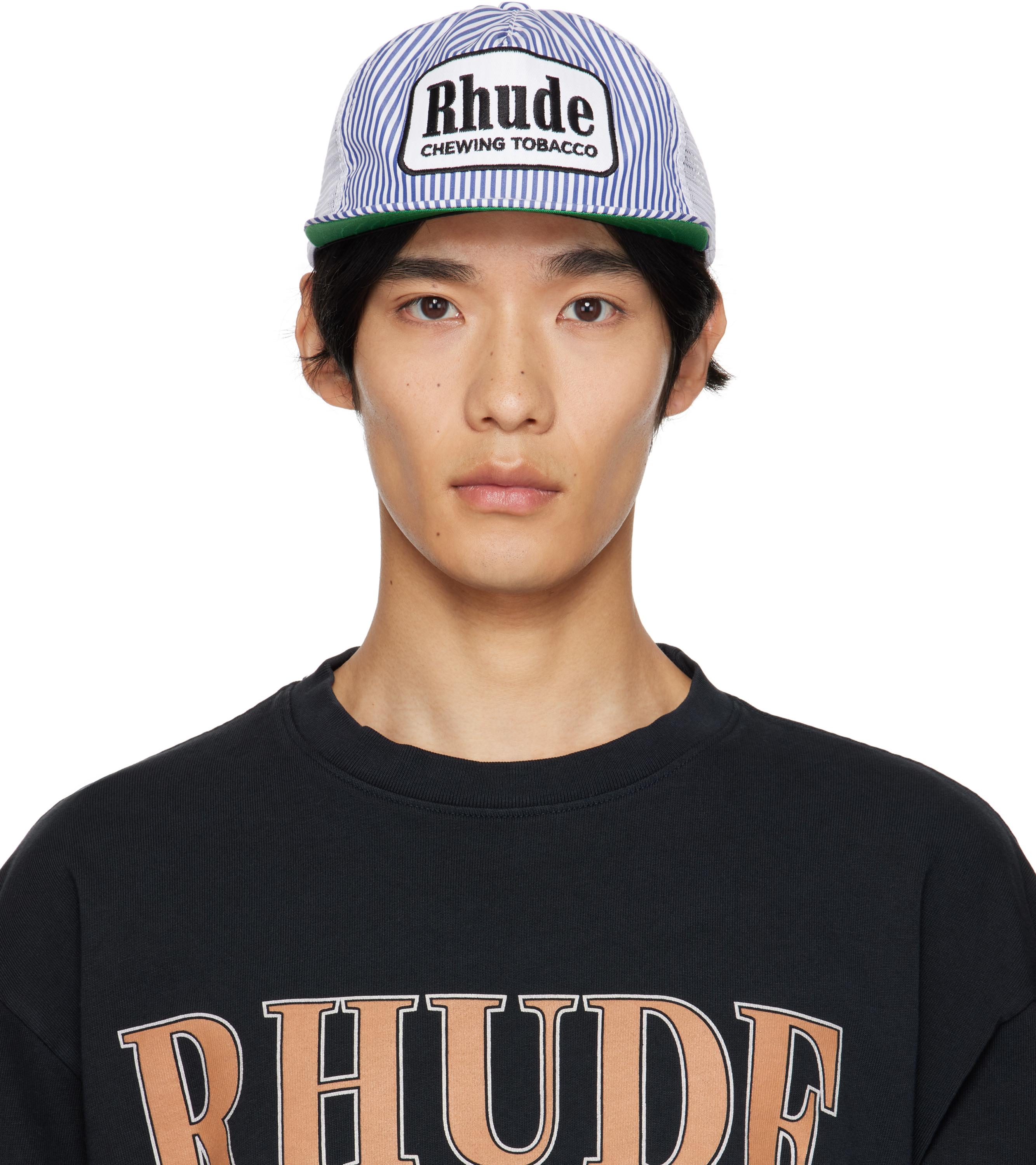 rhude chewing tobacco hat RED STRIPED TRUCKER RHUDE TROPHY RACING HAT -