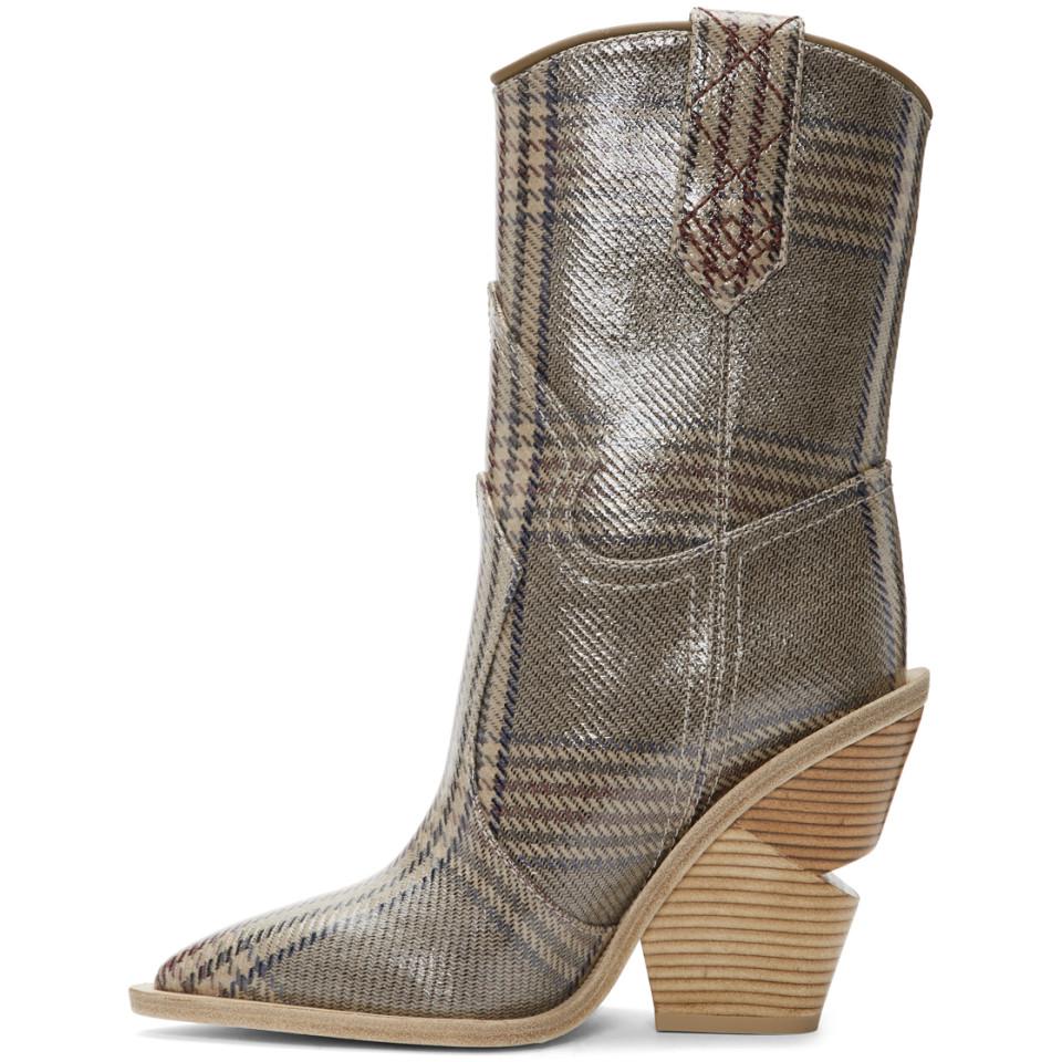 Fendi Leather Check Pattern Ankle Boots 