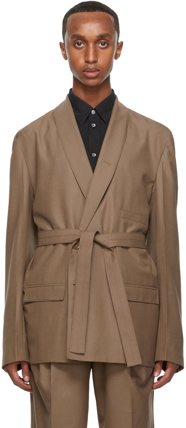 Lemaire Beige Wool Double-breasted Belted Blazer in Natural for Men - Lyst