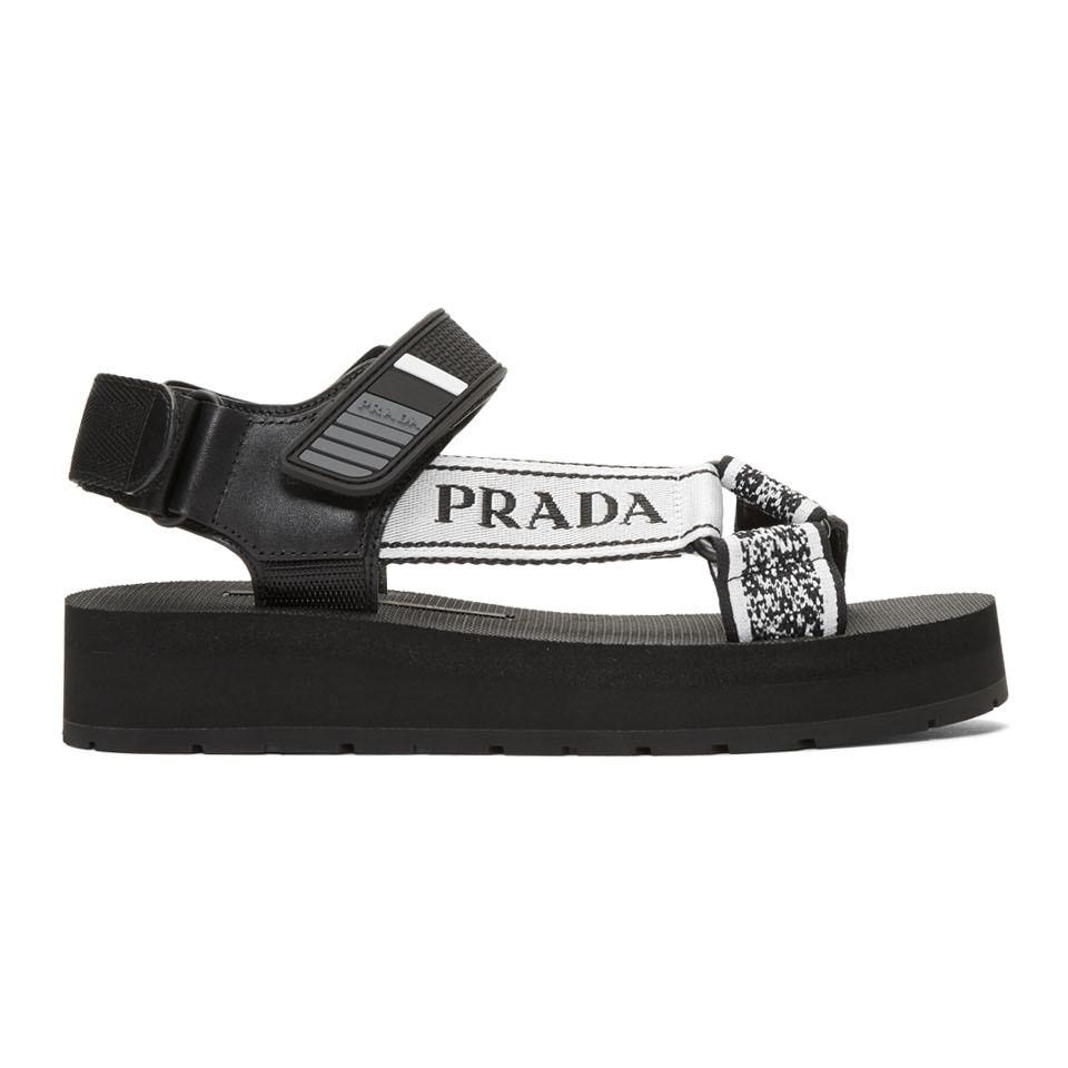 Prada Leather Black And White Velcro Nomad Sandals - Lyst