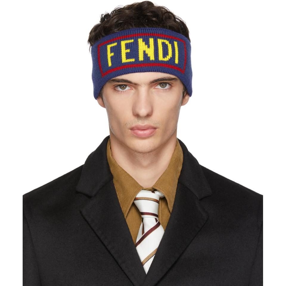Fendi Wool Blue Logo Headband for Men 