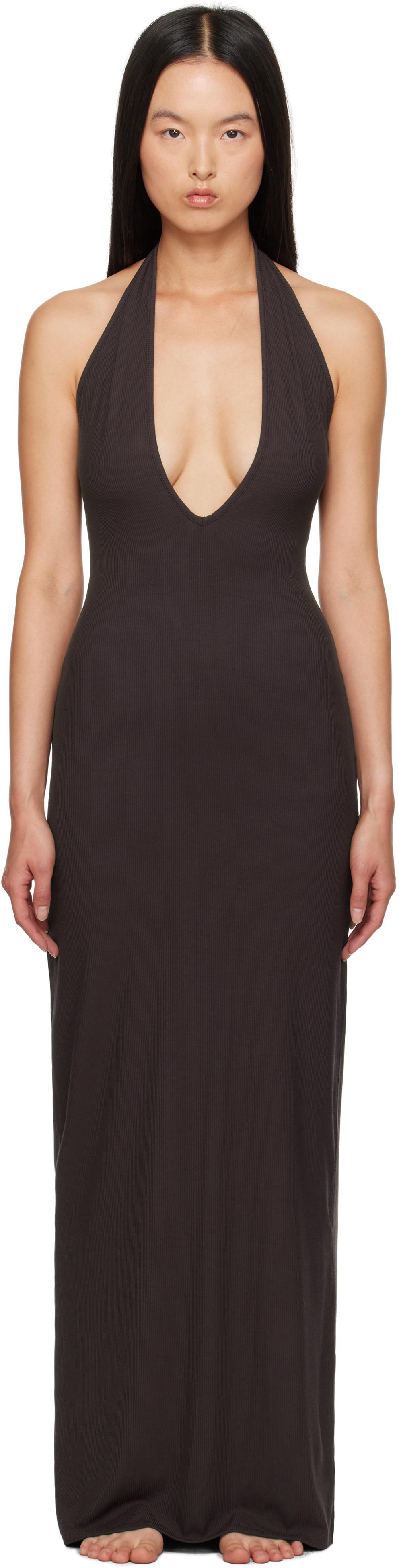 Skims Soft Lounge Deep Plunge Halter Maxi Dress in Black