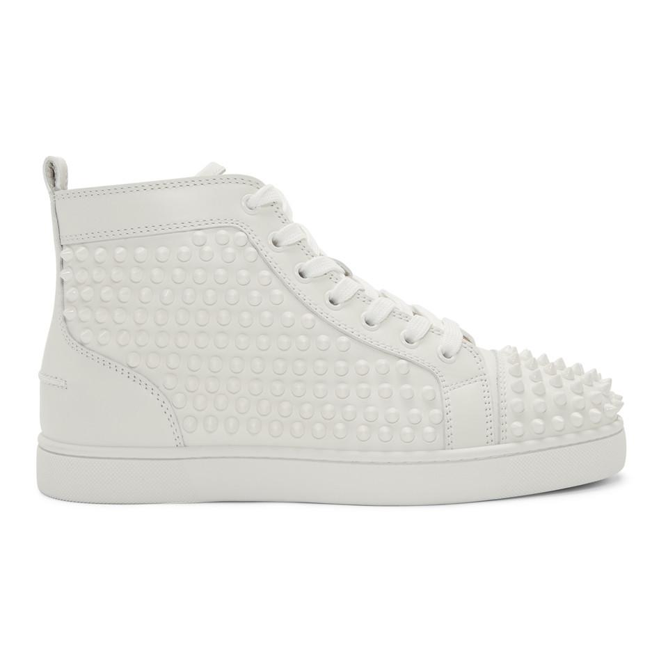 shoes, louis vuitton, white red bottom sneakers with spikes, my