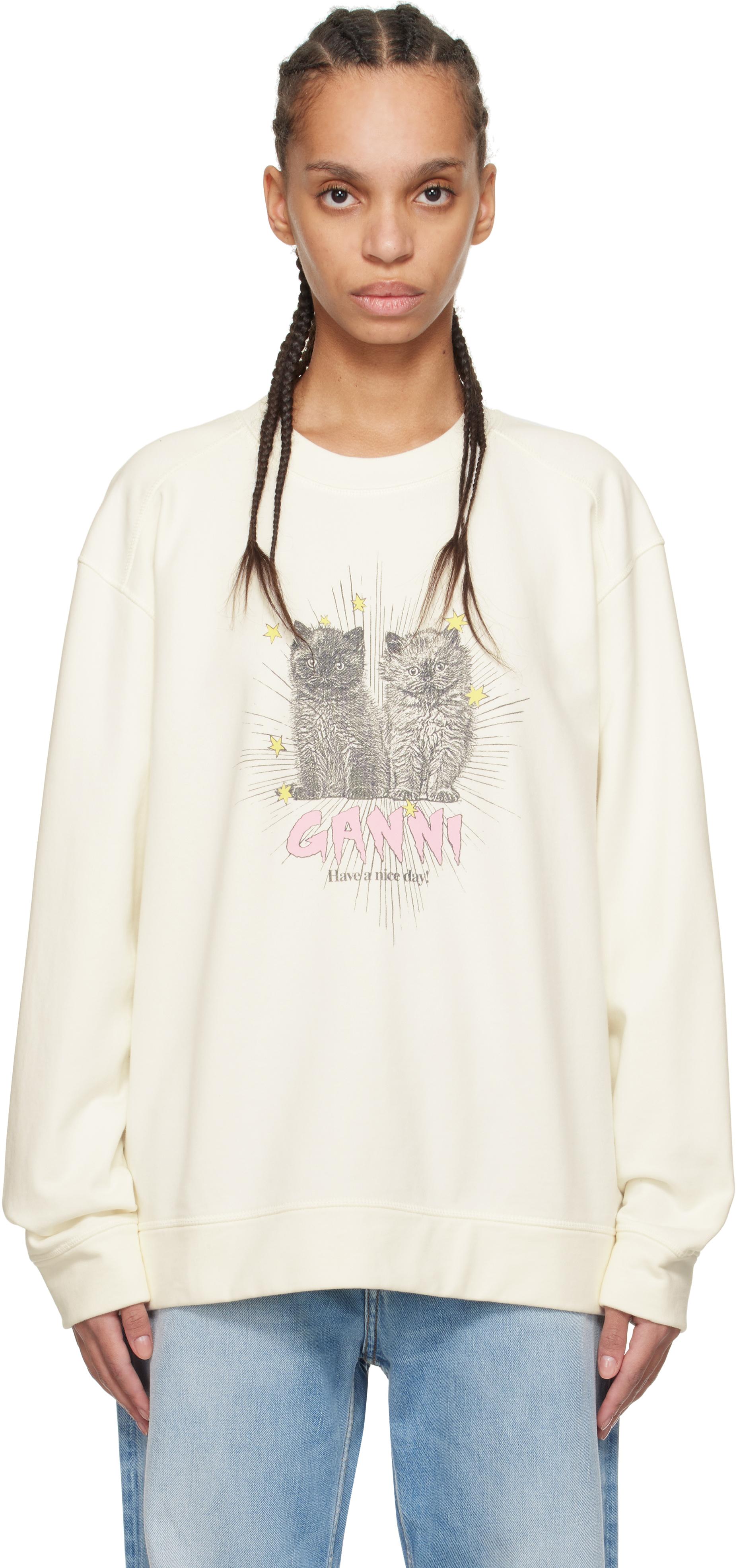 Ganni Off- Isoli Kittens Drop Shoulder Sweatshirt in White