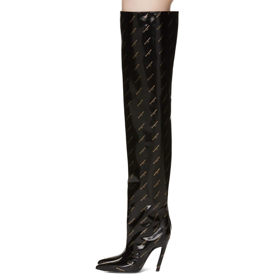 Balenciaga Leather Black Patent All Over Logo Heeled Over-the-knee Boots -  Lyst