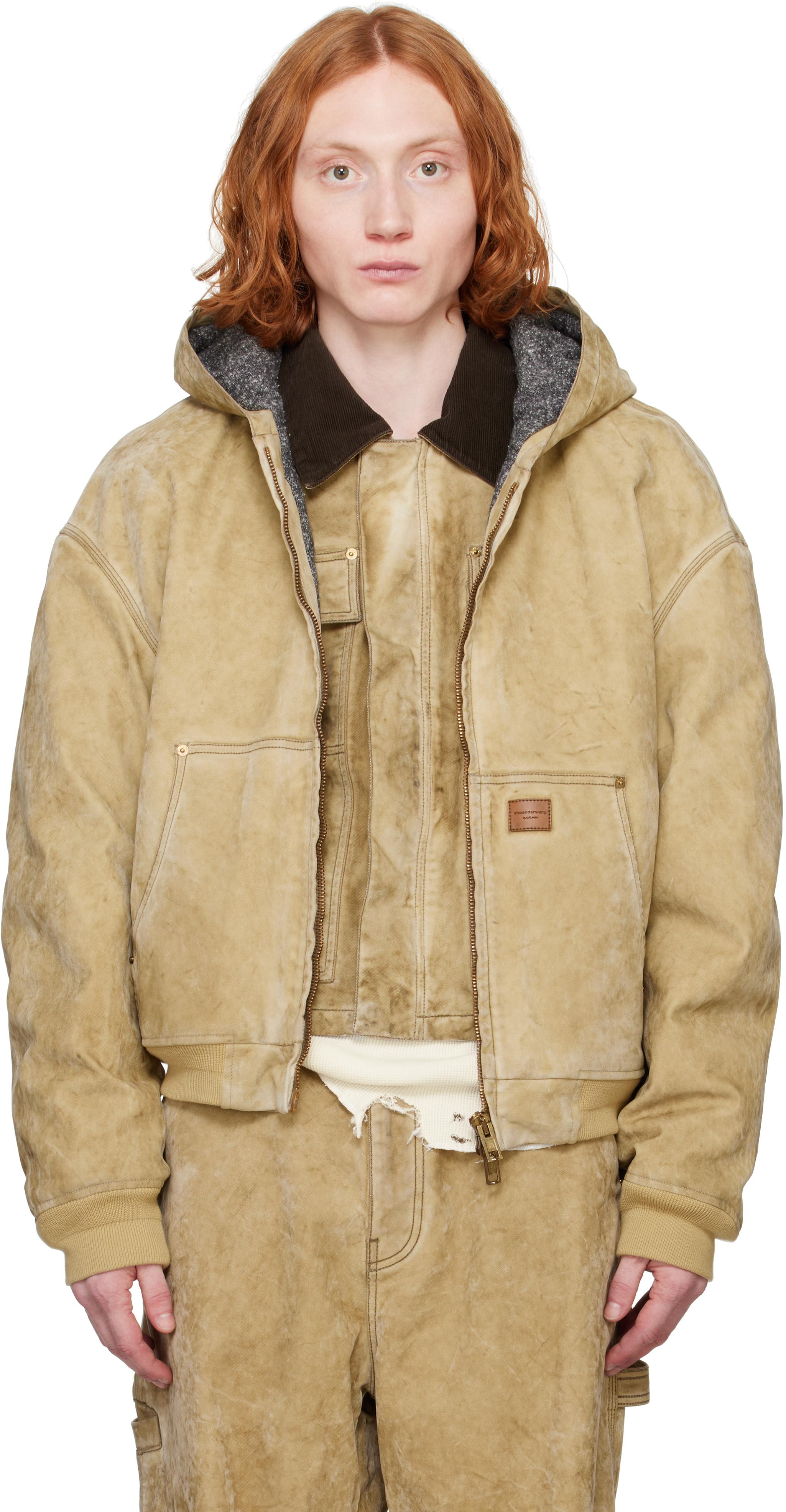 Alexander Wang Tan Rounded Zip Front Hooded Faux-Suede Jacket in