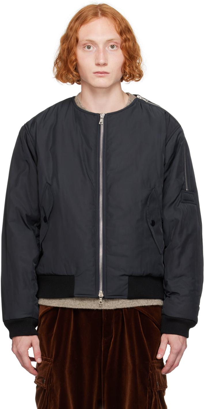 Dries Van Noten メンズ ブラック ネイビー ノーカラー ボンバー 