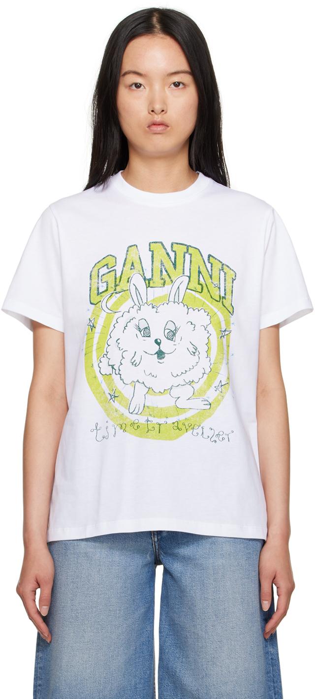 Ganni レディース ブラック ホワイト Relaxed Bunny Tシャツ トップス