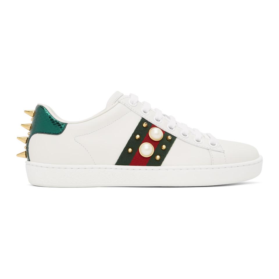 Gucci Leather White Pearl Stud New Ace Sneakers - Lyst