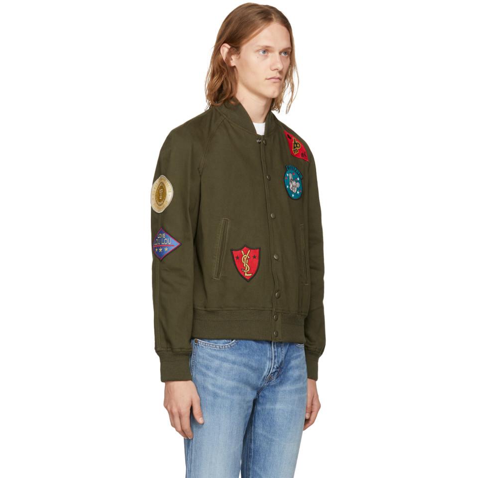 Saint Laurent Cotton Khaki Patches Teddy Bomber Jacket for Men | Lyst