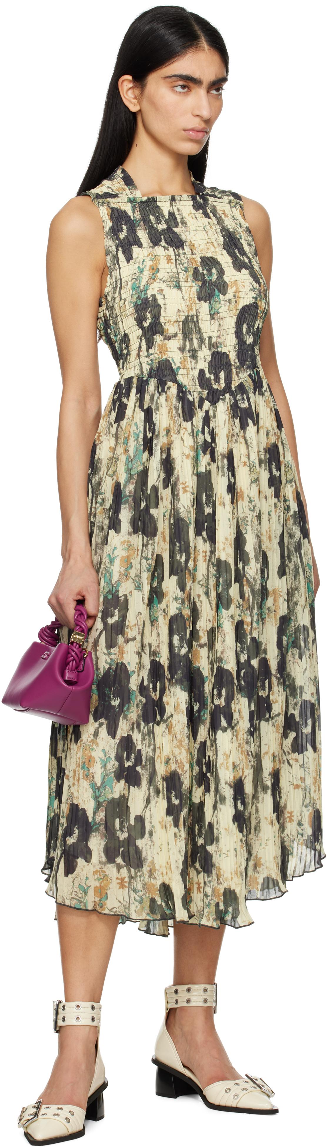 Ganni Printed Pleats Smock Straps Midi Dress in Black | Lyst