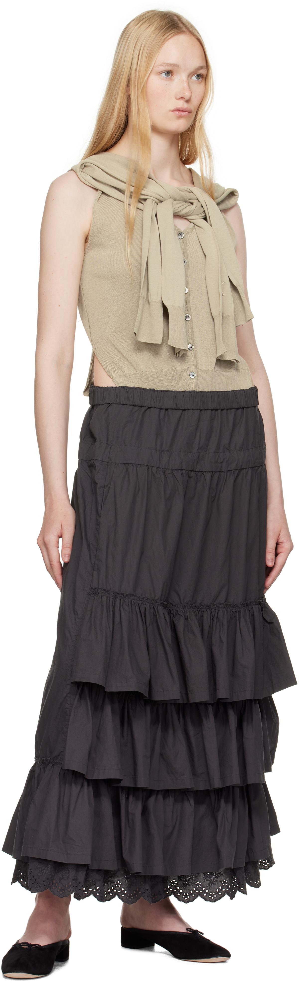 OPEN YY Rolled Waist Tiered Midi Skirt in Black | Lyst