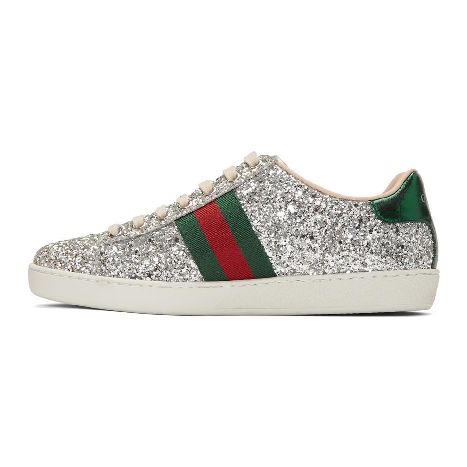 Lyst - Gucci Silver Glitter Planet New Ace Sneakers in Metallic