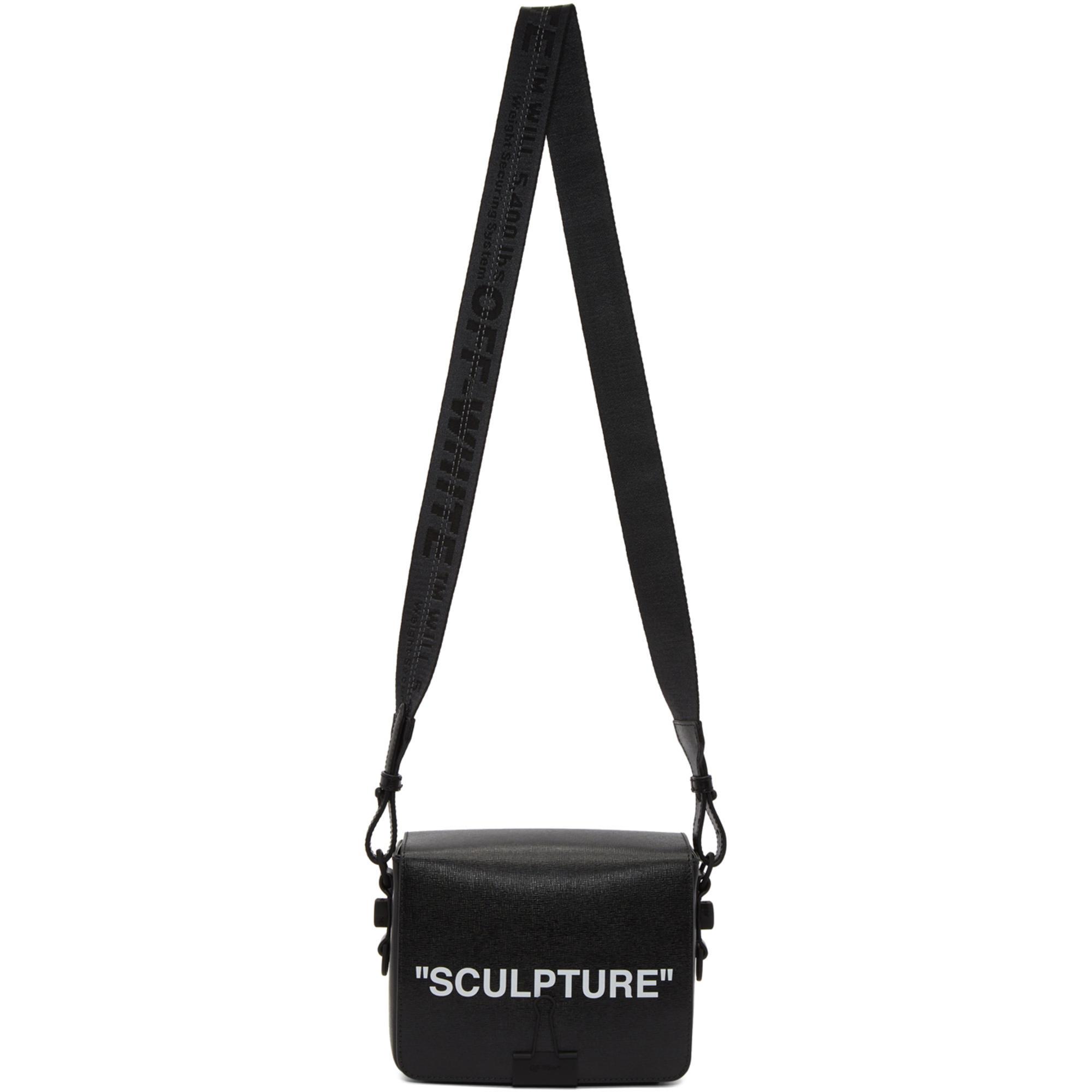 Off-white Sculpture Saffiano Leather Flap Crossbody Bag With Binder Clip In  Black