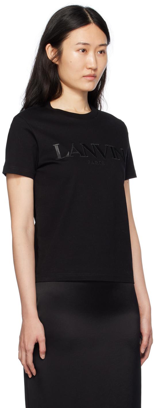 Lanvin レディース ブラック ロゴ刺繍 Tシャツ トップス