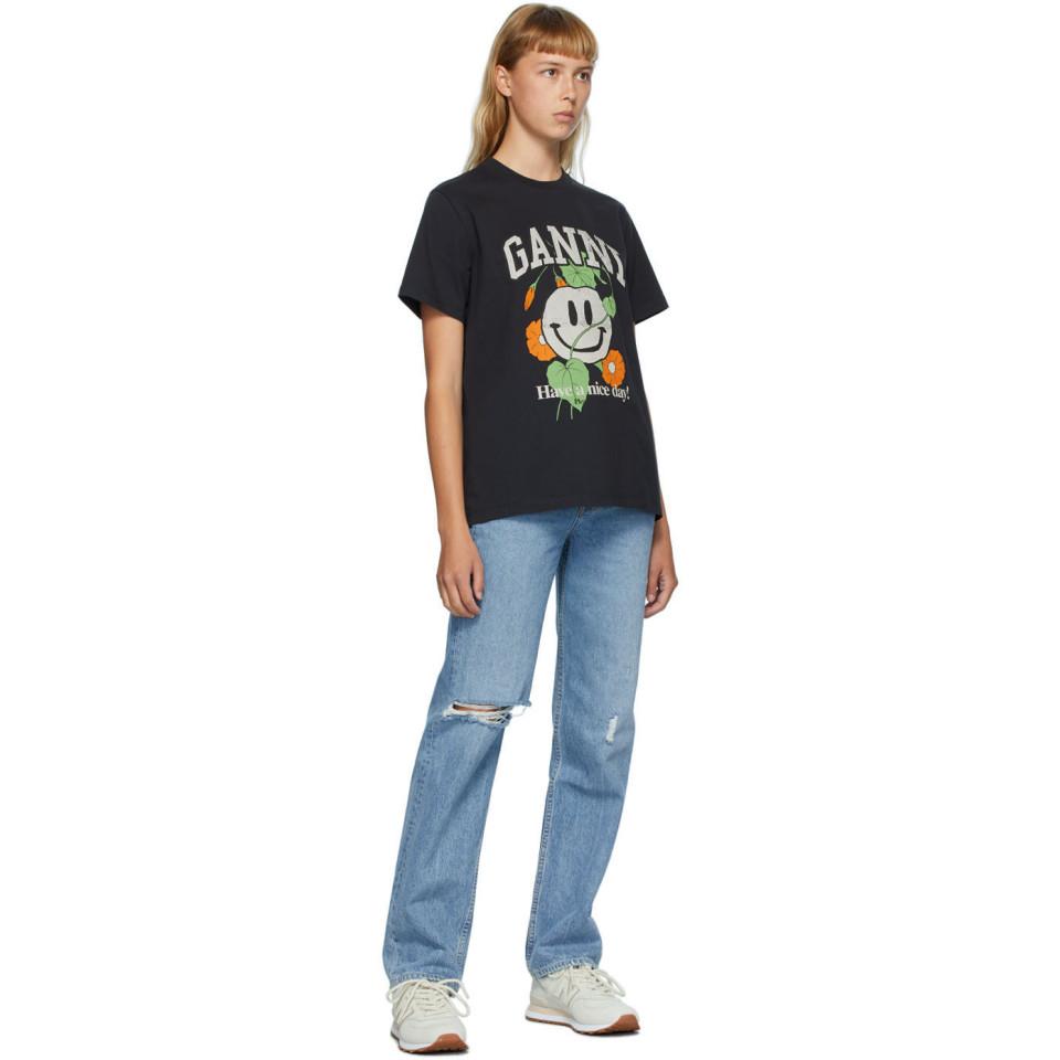 Ganni Cotton Black Smiley Flower T 