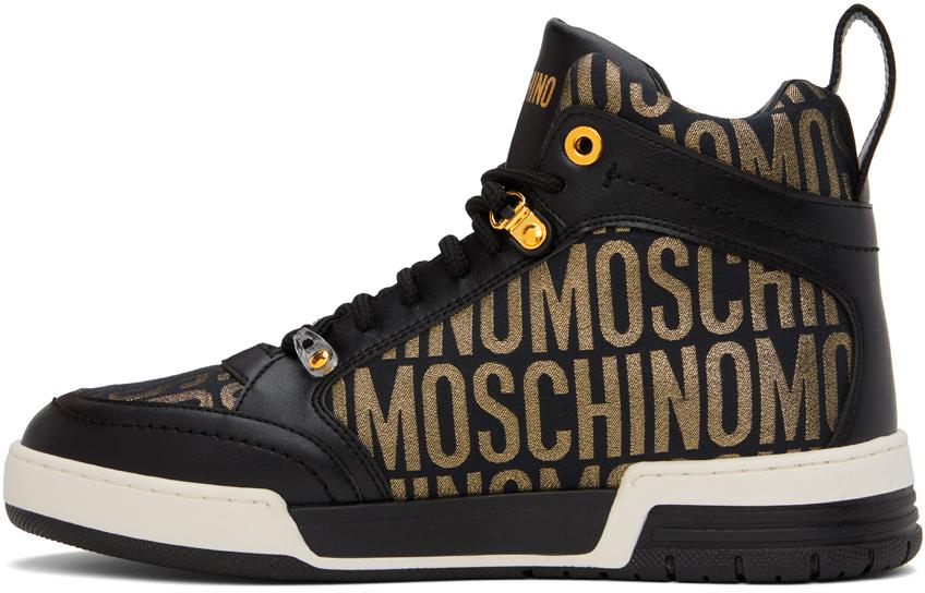 Moschino Black & Gold Allover Logo Sneakers for Men | Lyst