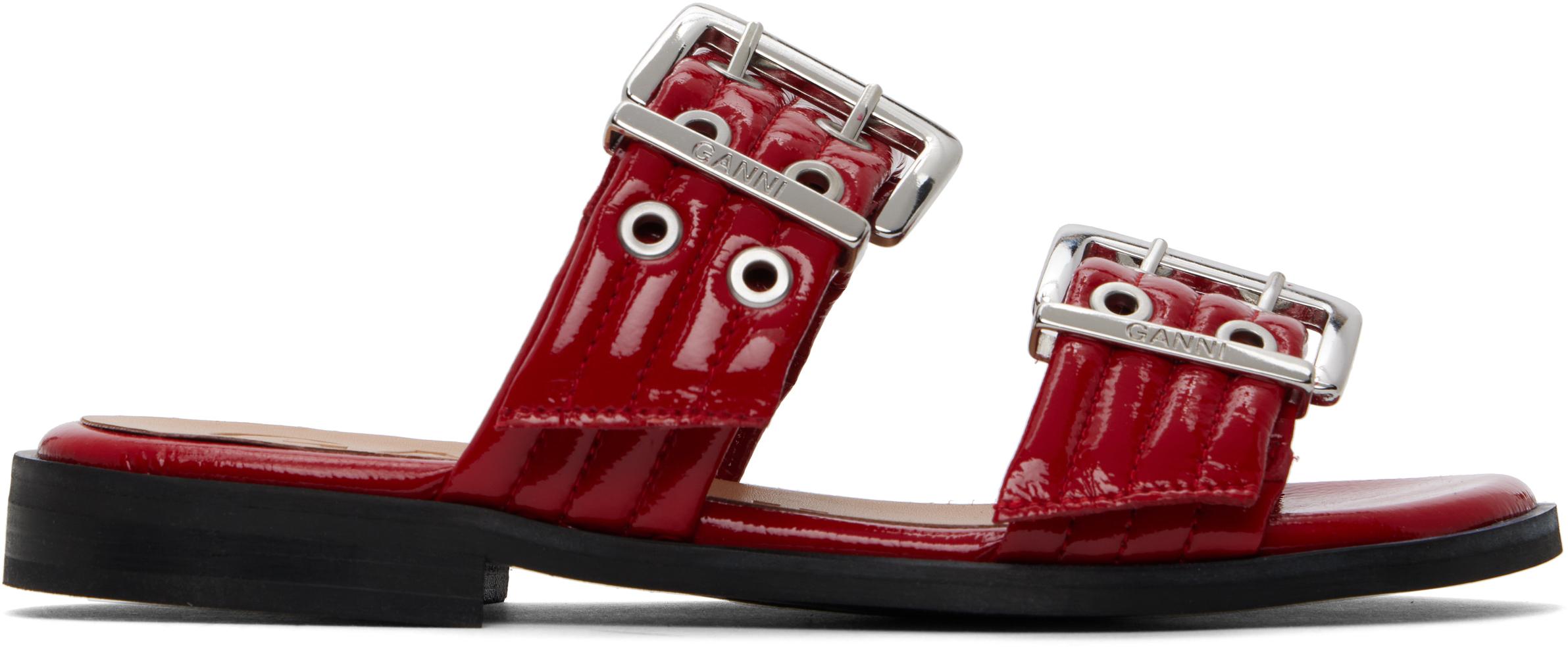 関送込【Ganni 】「バックルツーストラップ」サンダル Ganni レッド Feminine Buckle ツーストラップ サンダル