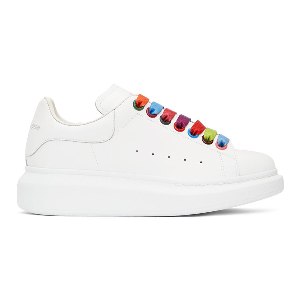Alexander McQueen Oversized White Leather Rainbow Lace Trainers - Save ...