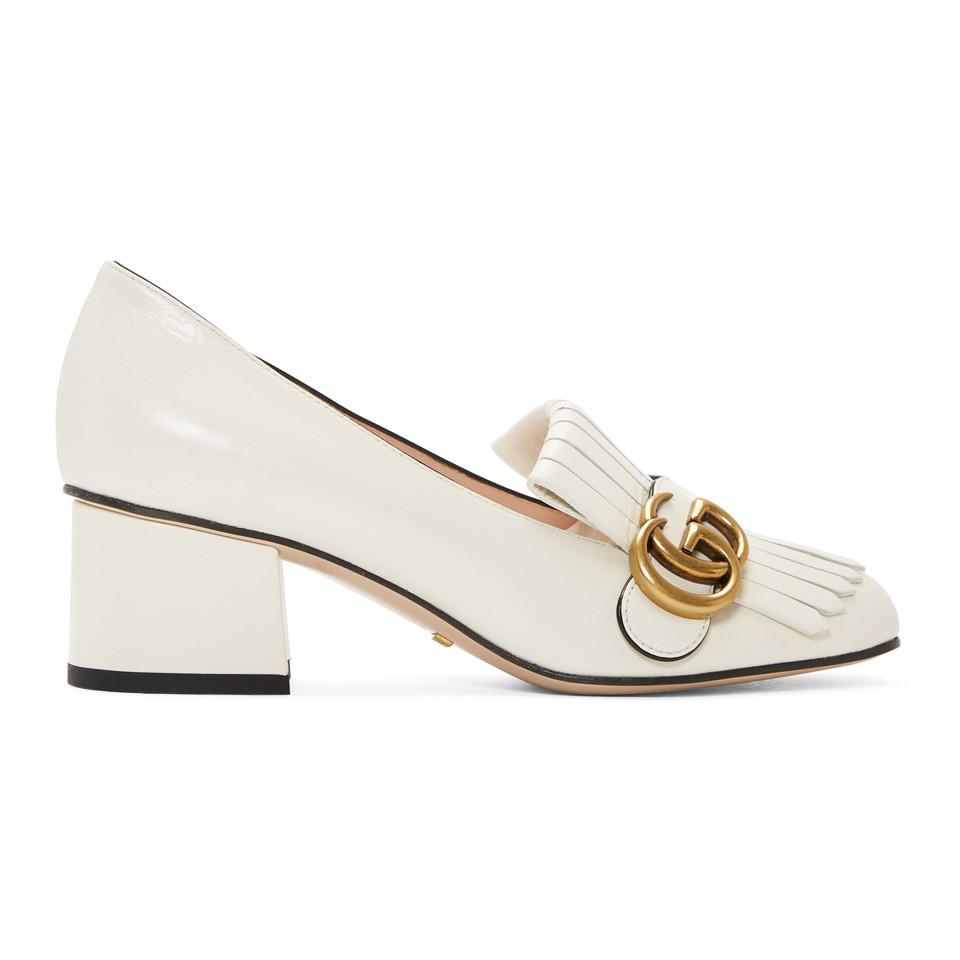 Gucci White GG Marmont Fringed Loafer Heels | Lyst