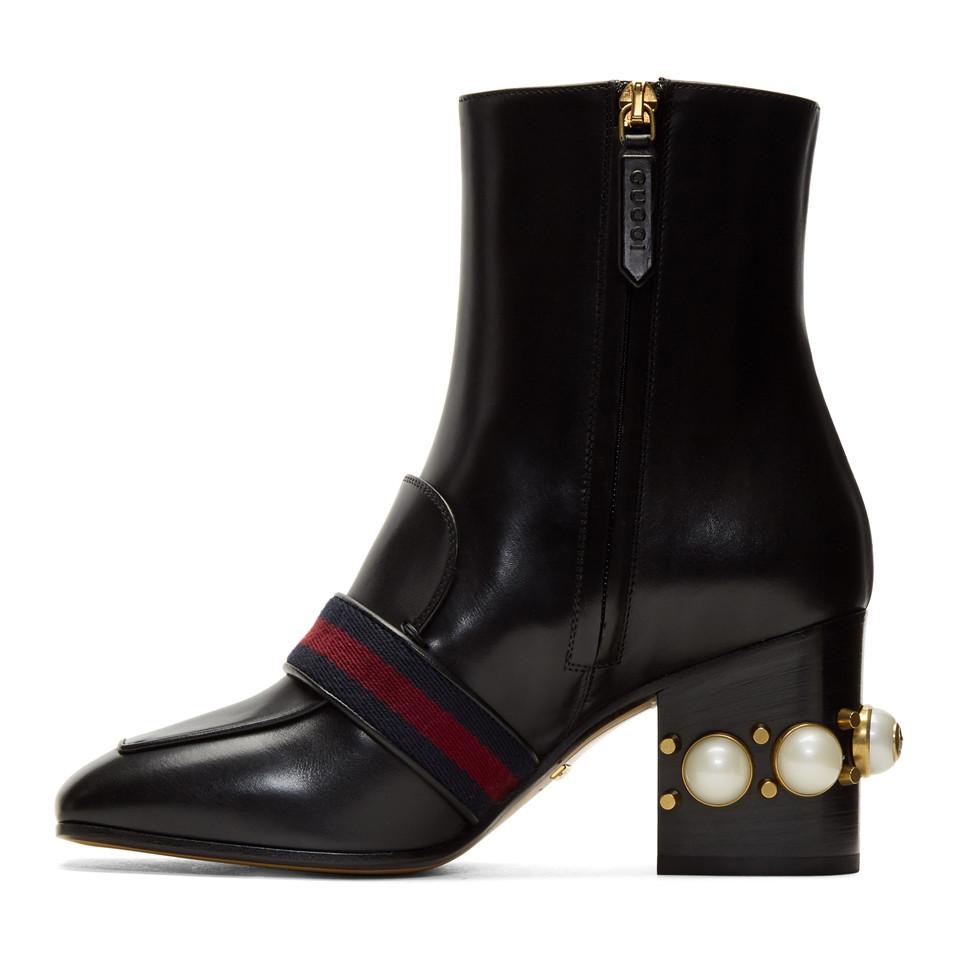 Gucci Leather Black Pearl & Stud Peyton Boots | Lyst
