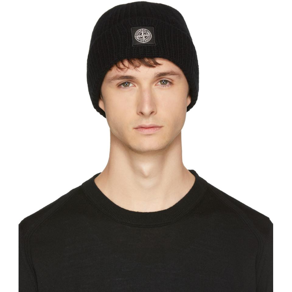 Stone Island Wool Black Logo Beanie for 