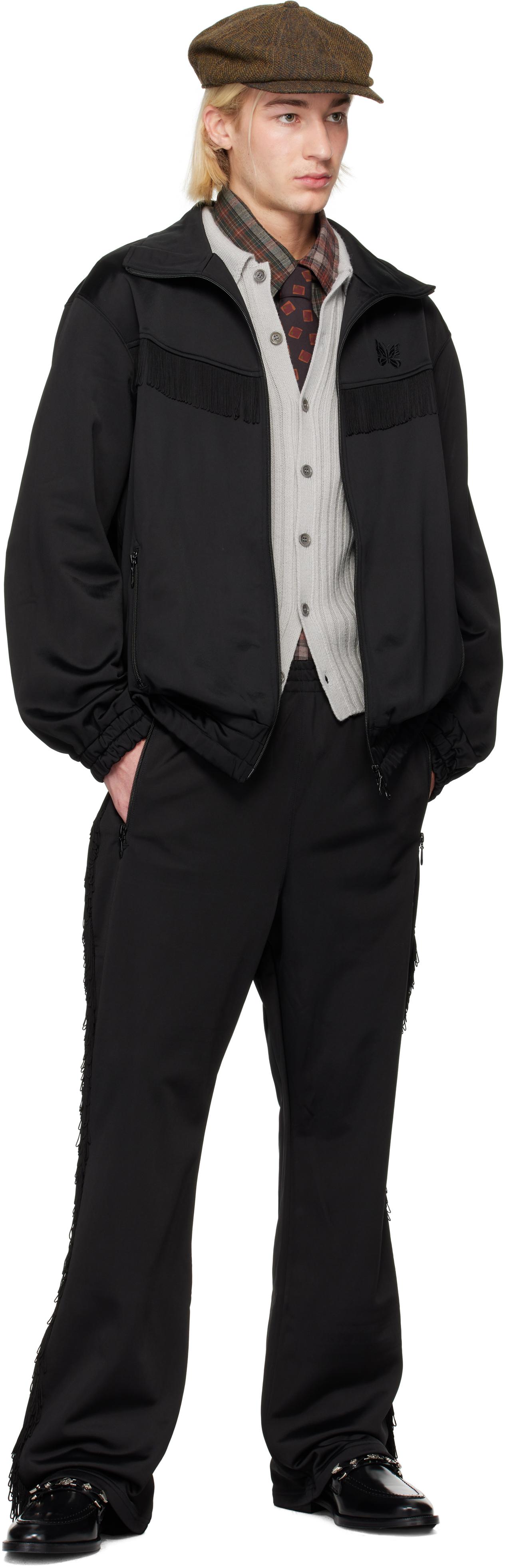 Needles メンズ ブラック フリンジ ブーツカット トラックパンツ  