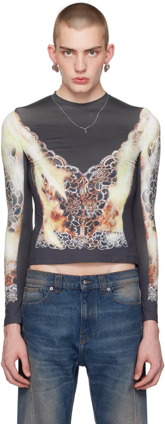 Y. Project メンズ ブラック プリント 長袖Tシャツ Tシャツ 